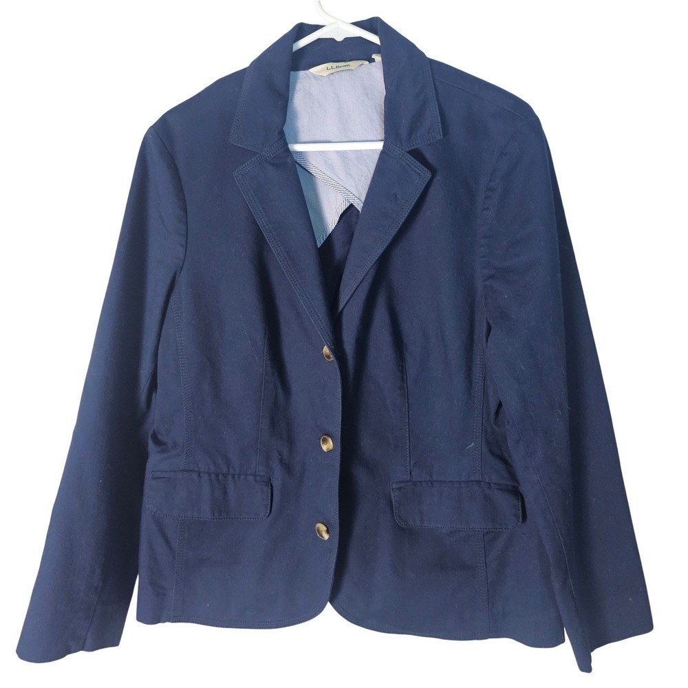 LL Bean Womens Navy 3-Button Cotton Stretch Blazer Jacket L Petite Preppy Career